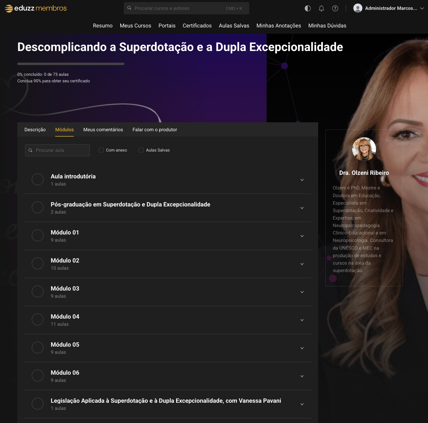 Área de alunos da formação na plataforma Eduzz, com os módulos listados